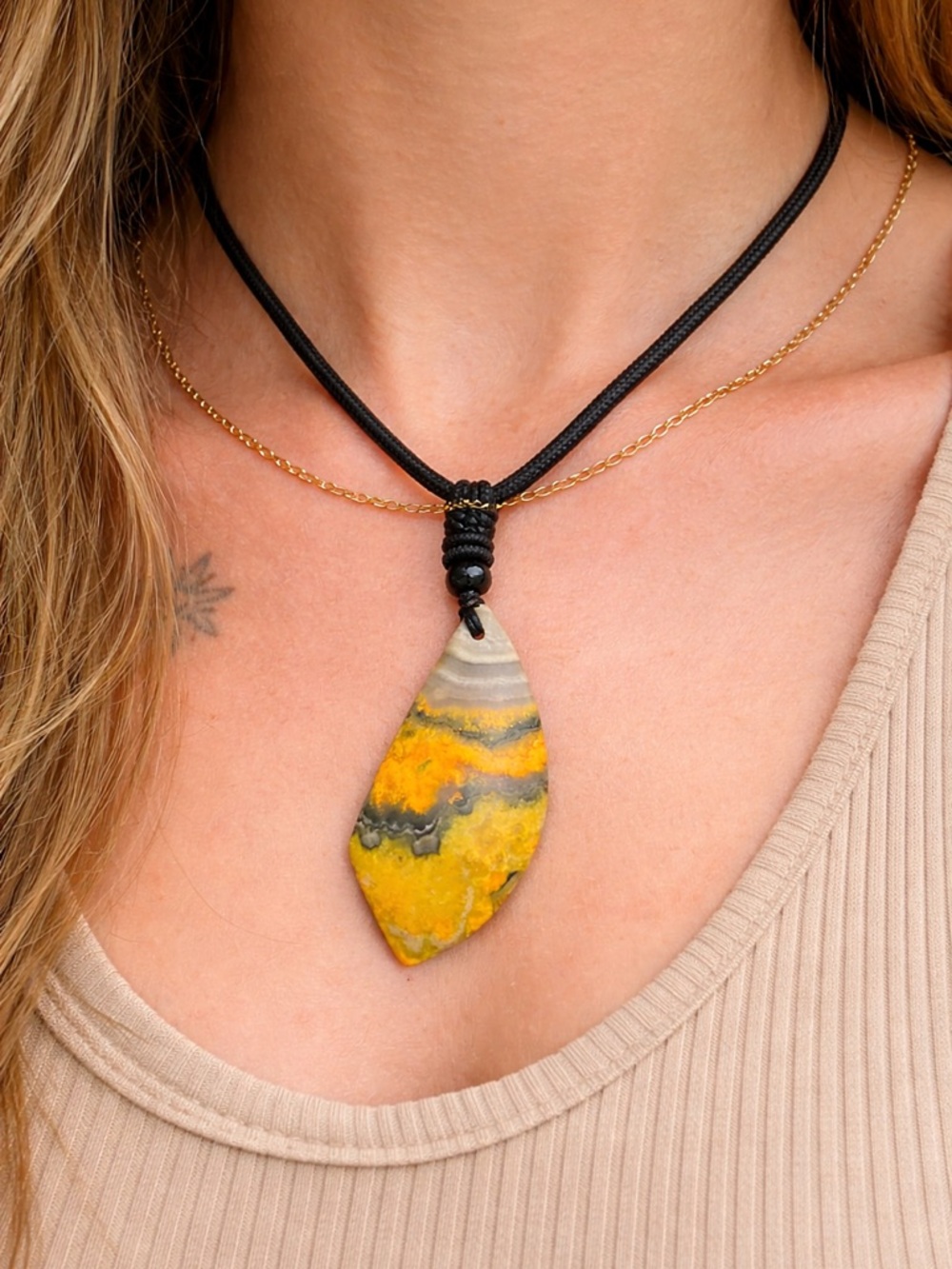 Bumblebee Jasper Pendant Necklace | Boho Unisex | Adjustable Cord